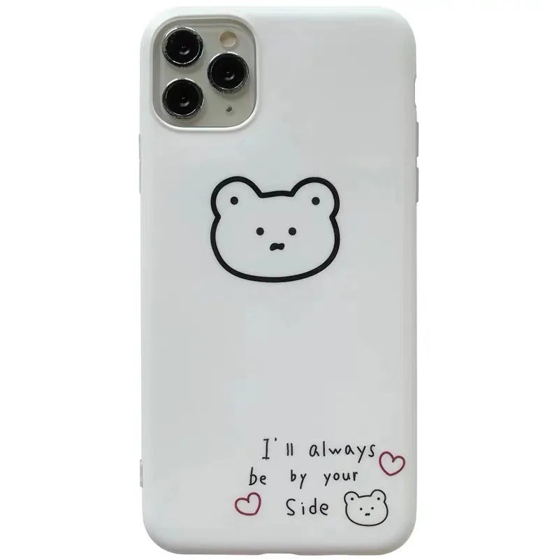 Silicone iPhone case with Korean bear cartoon design showing back and side coverage