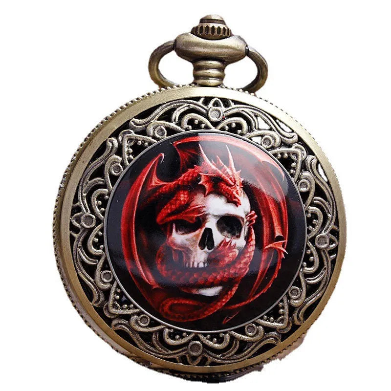 Classical retro plus-sized ceramic pocket watch with bronze skull design and chain