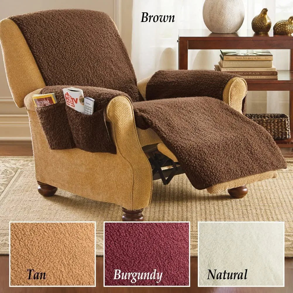 Lambswool-style polyester sofa cushion cover in beige, shown on a chair, with size options for 55cm, 64cm, and 71cm seat widths.
