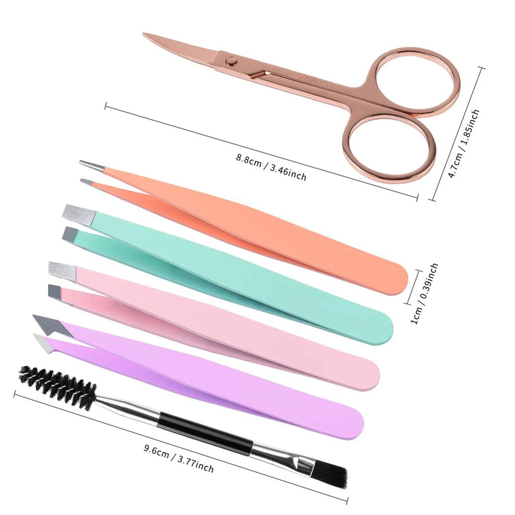 Six-piece stainless steel eyebrow tweezers set with leather case, showing four tweezers, scissors, and a brush.