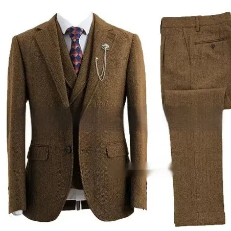 Men's slim fit three-piece suit in brown nylon with jacket, waistcoat, and trousers