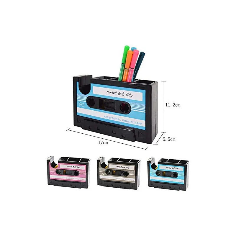 Plastic desk storage box pen holder in blue, 17x5x11.5cm, with stationery and phone inside