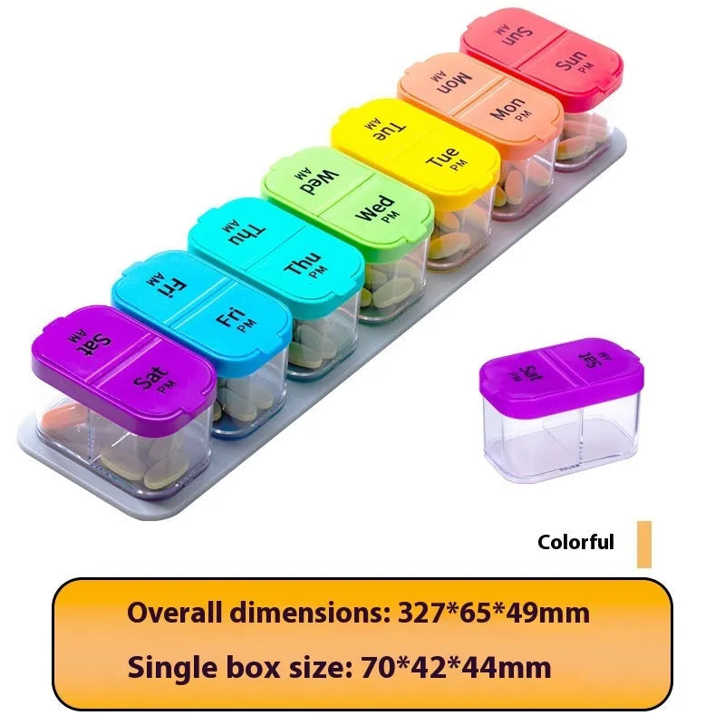 White and rainbow coloured large plastic pill organiser with 14 detachable compartments.