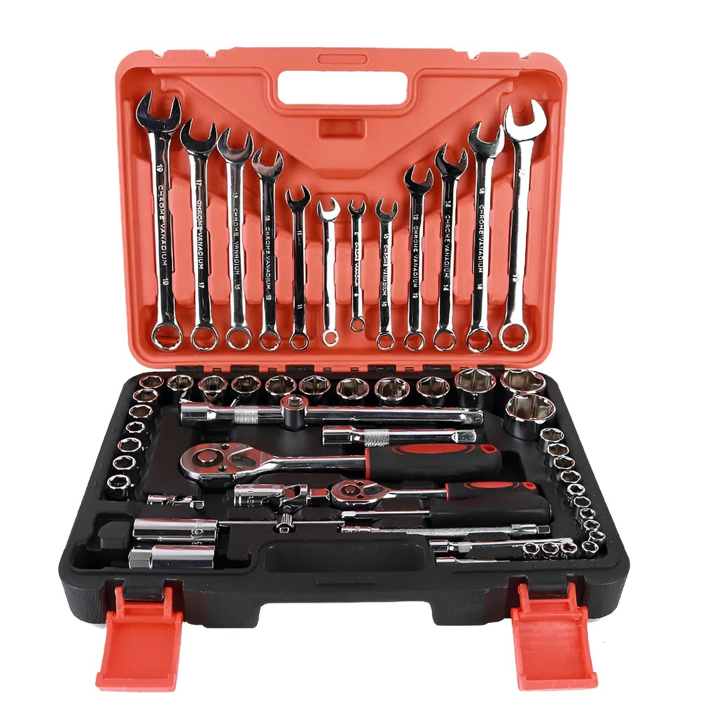 61-piece metric socket wrench set with chrome vanadium steel tools in a box for car and mechanical repair.