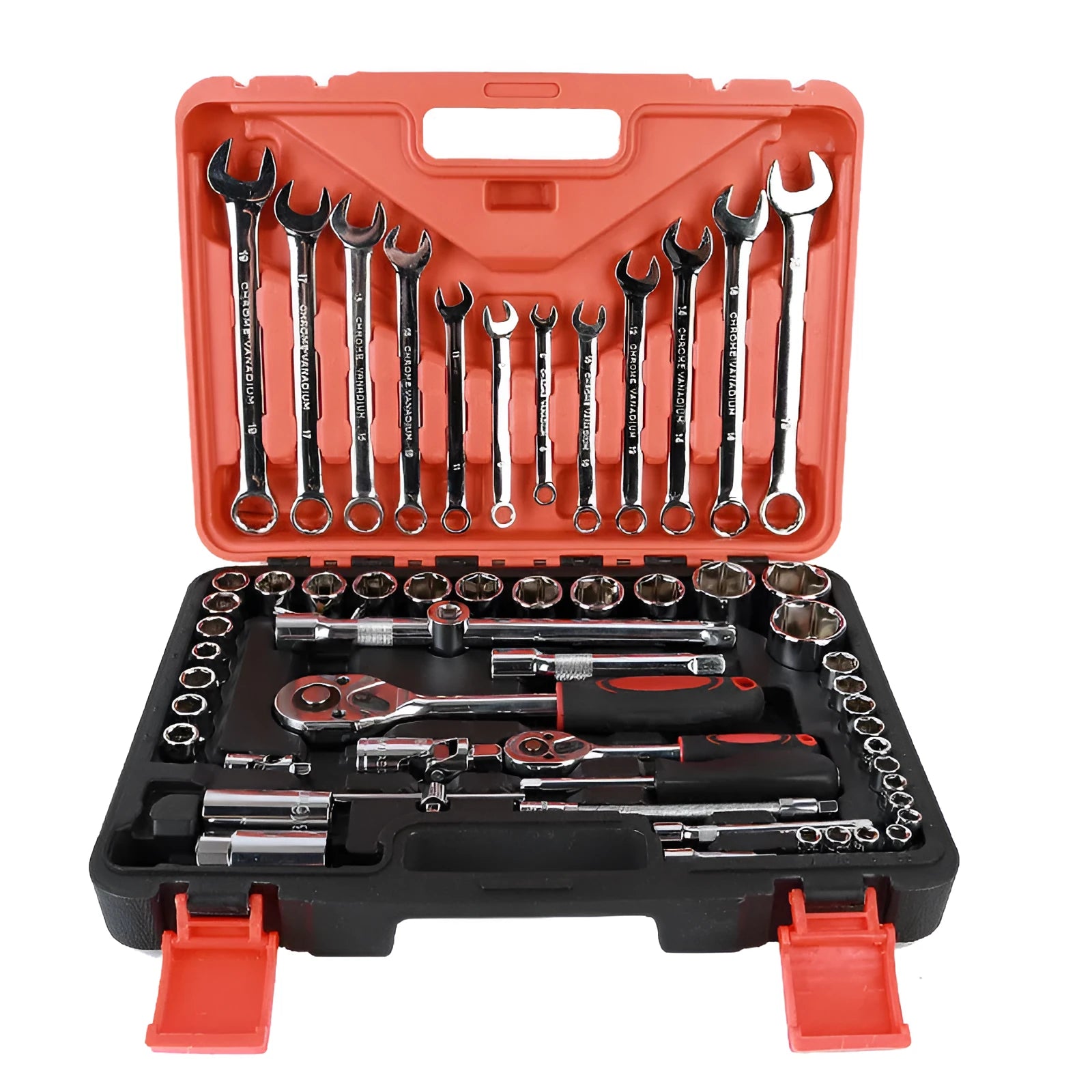 61-piece metric socket wrench set with chrome vanadium steel tools in a box for car and mechanical repair.