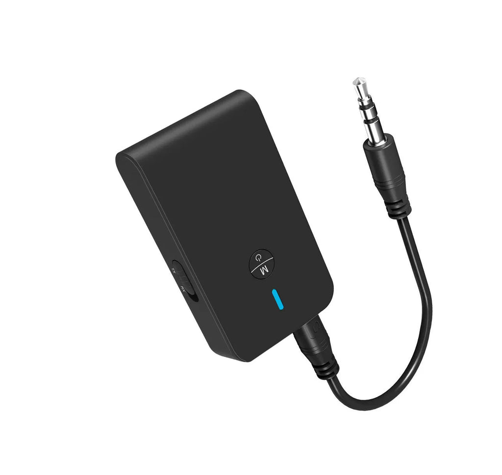 Black Bluetooth adapter with 3.5mm AUX plug for wireless audio transmission