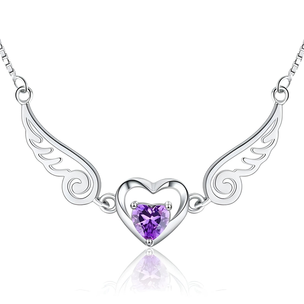 Angel wings necklace in 925 sterling silver with purple crystal heart pendant and 45cm link chain