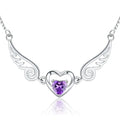 Angel wings necklace in 925 sterling silver with purple crystal heart pendant and 45cm link chain