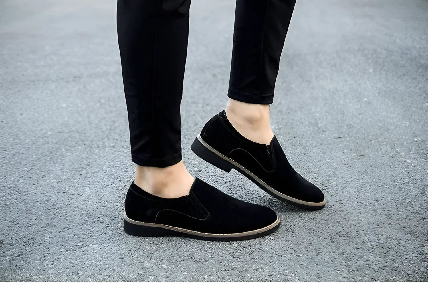 Men's frosted round toe casual leather shoes in black, low heel, slip-on style