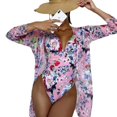 Women's floral print three-piece bikini set with matching cover-up coat in choice of seven colours