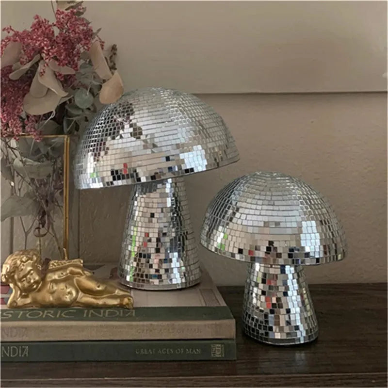 Handmade glass mushroom disco ball ornament with mirror brick upholstery in silver finish small size