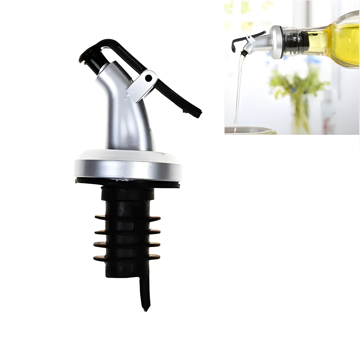 Silver and black flip top bottle spout with food-grade stopper, 8.5cm x 3cm, for 1.9cm bottle inner diameter