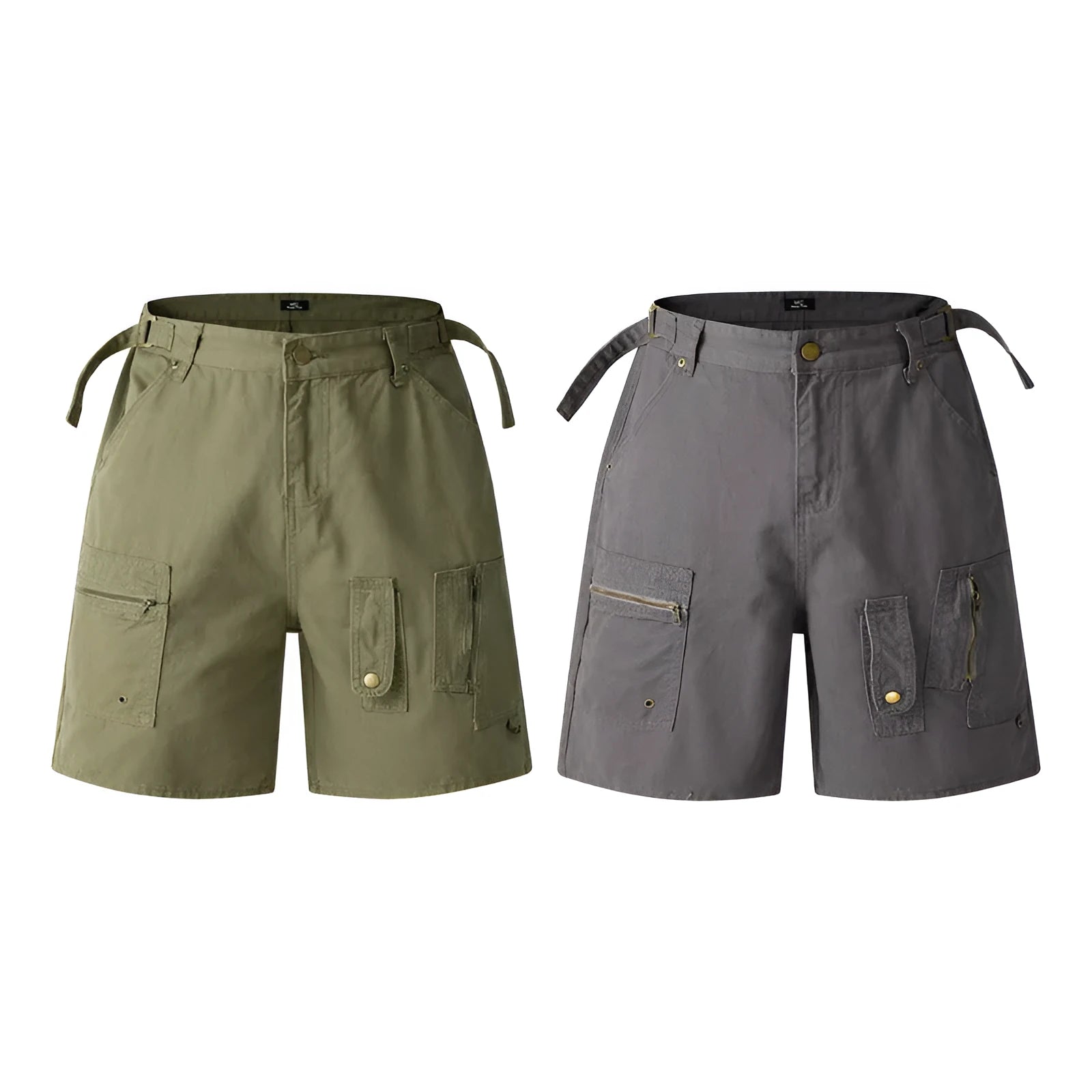 Retro loose-fit workwear shorts for men and women in washed cotton fabric with a zipper closure.