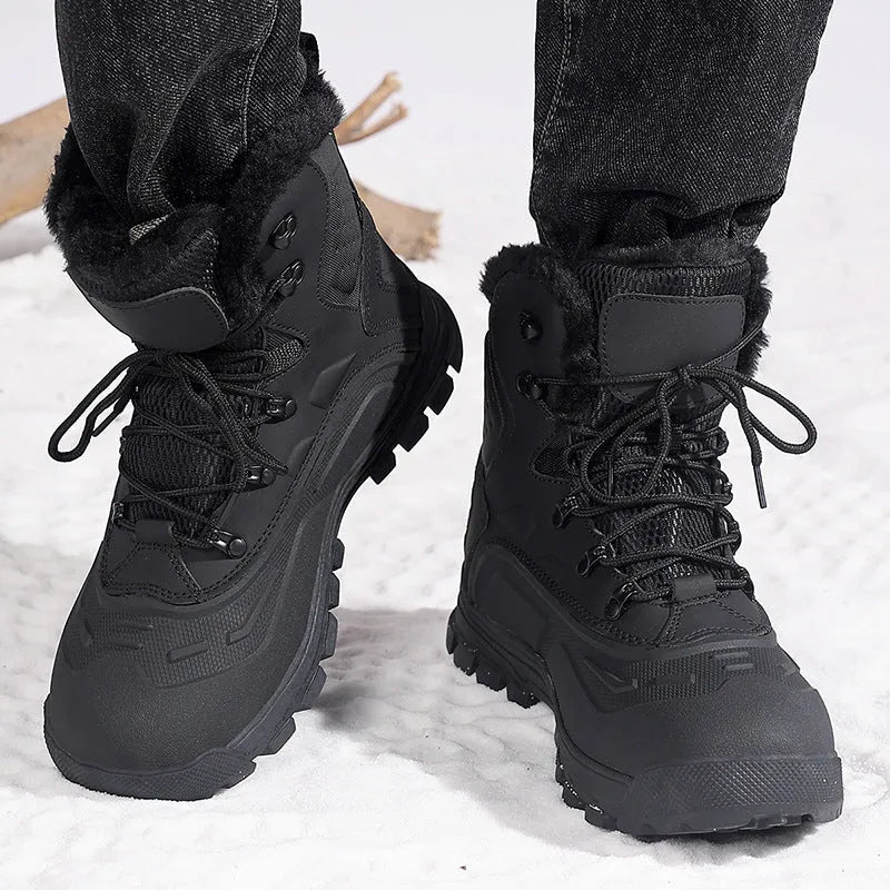 Men's black fleece-lined high-top lace-up boots with a flat heel and ribbed sole.