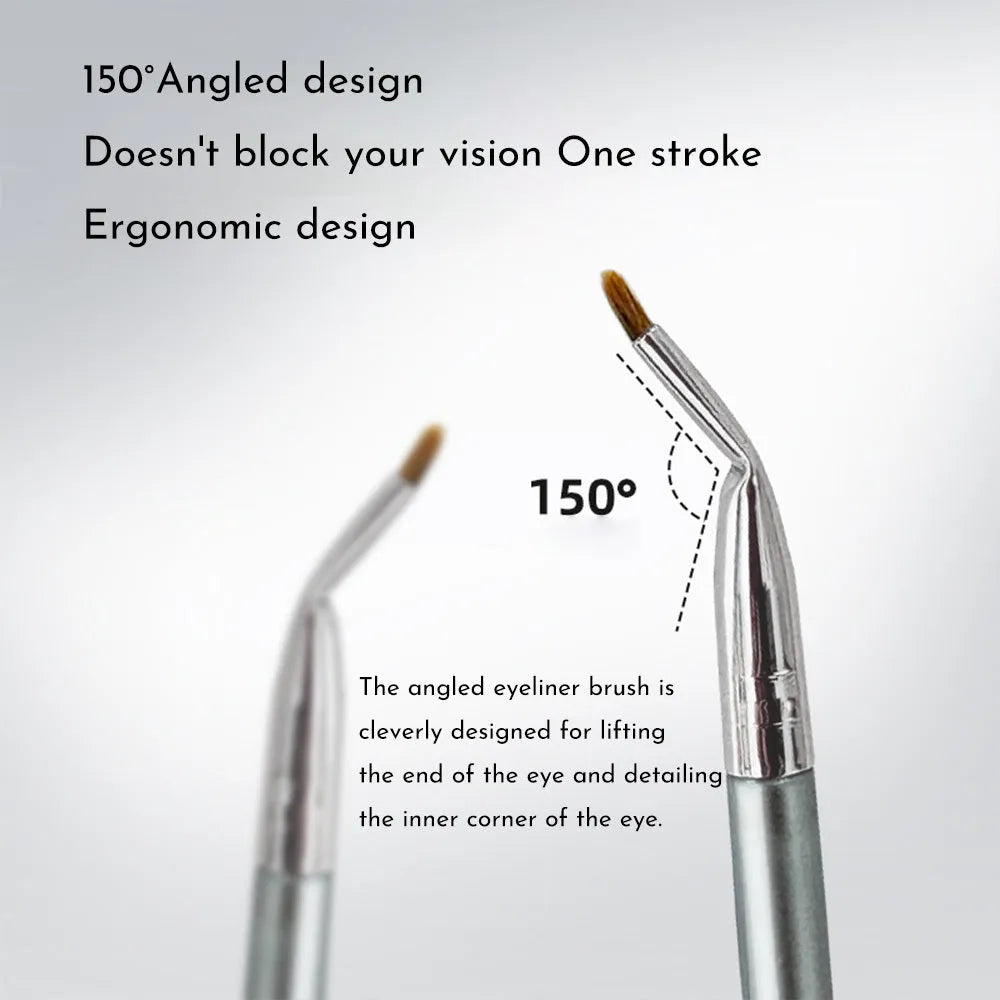 Close-up of a bent head eyeliner brush with a 45-degree angle and flat synthetic bristles for detail makeup.