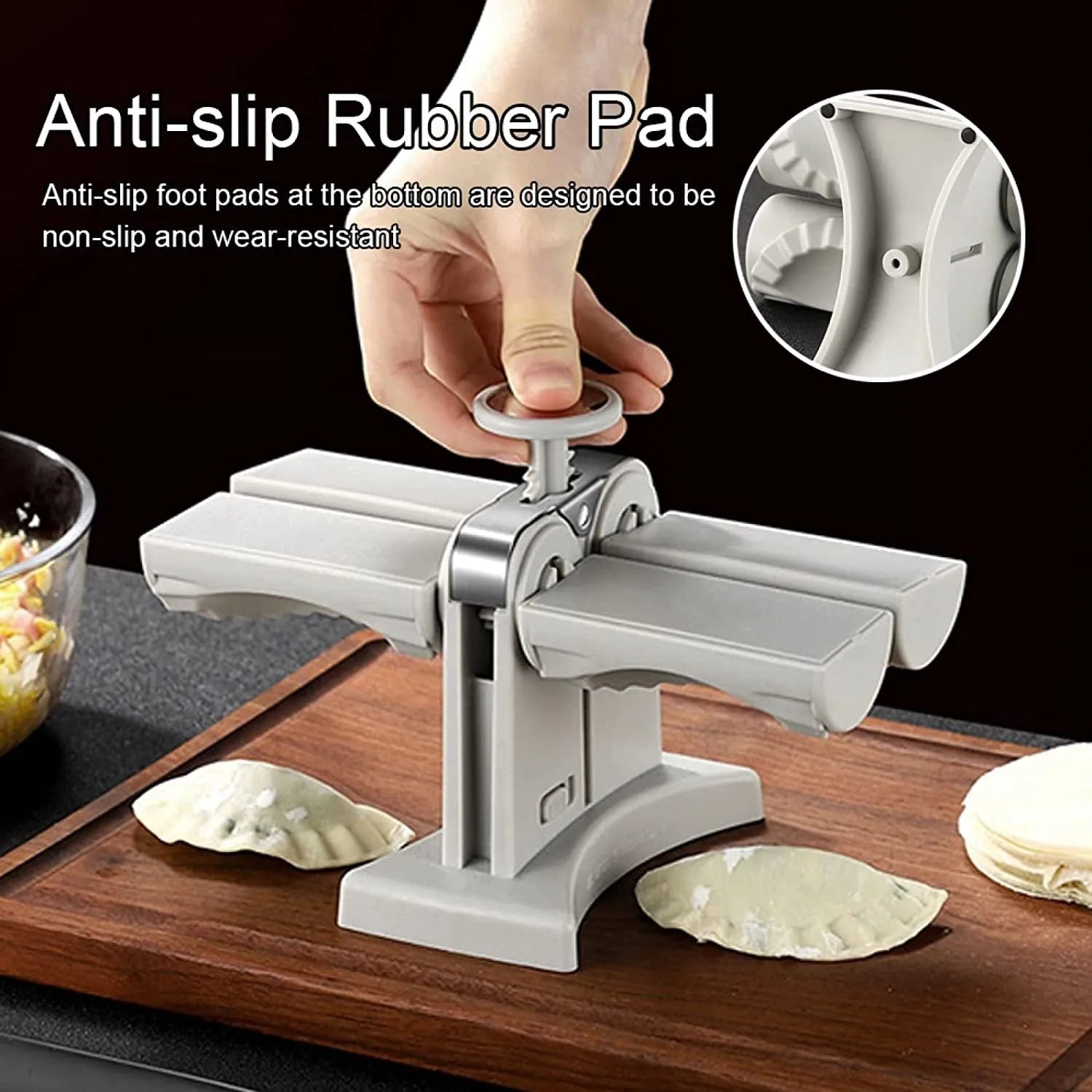 White double-headed dumpling mould with manual press and anti-slip rubber base