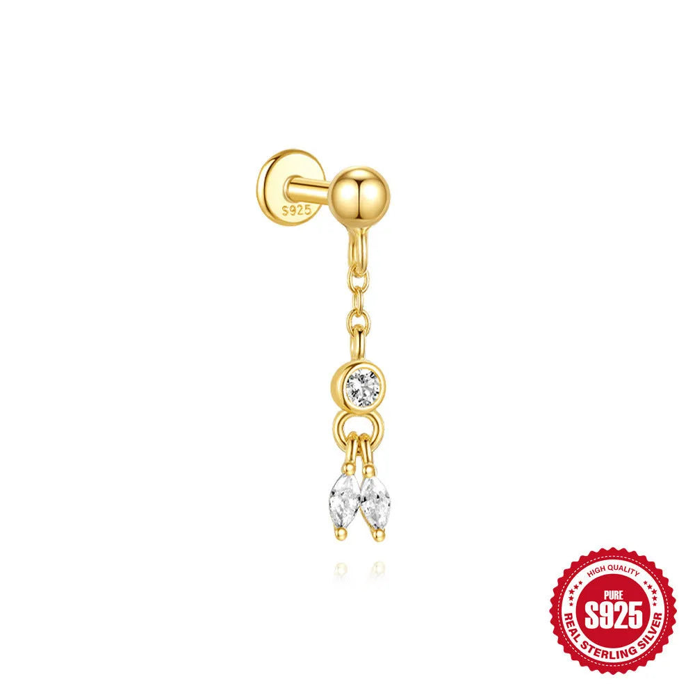 Geometric water drop shaped S925 sterling silver earrings with a flat spiral puncture back, in a gold electroplated finish.