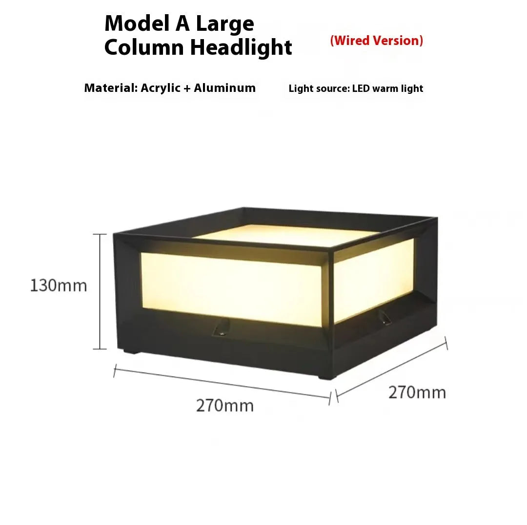 Solar-powered aluminium outdoor column light mounted on a wall, showing two size options for garden pathways.