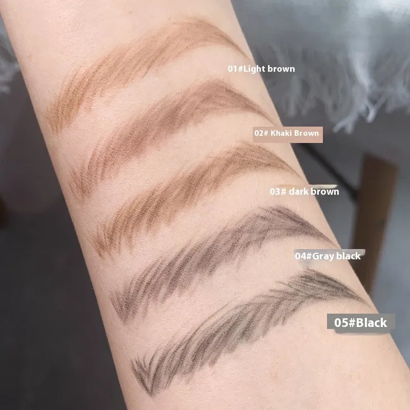 Small gold chopstick design ultra-fine eyebrow pencil shown in five colour shades.