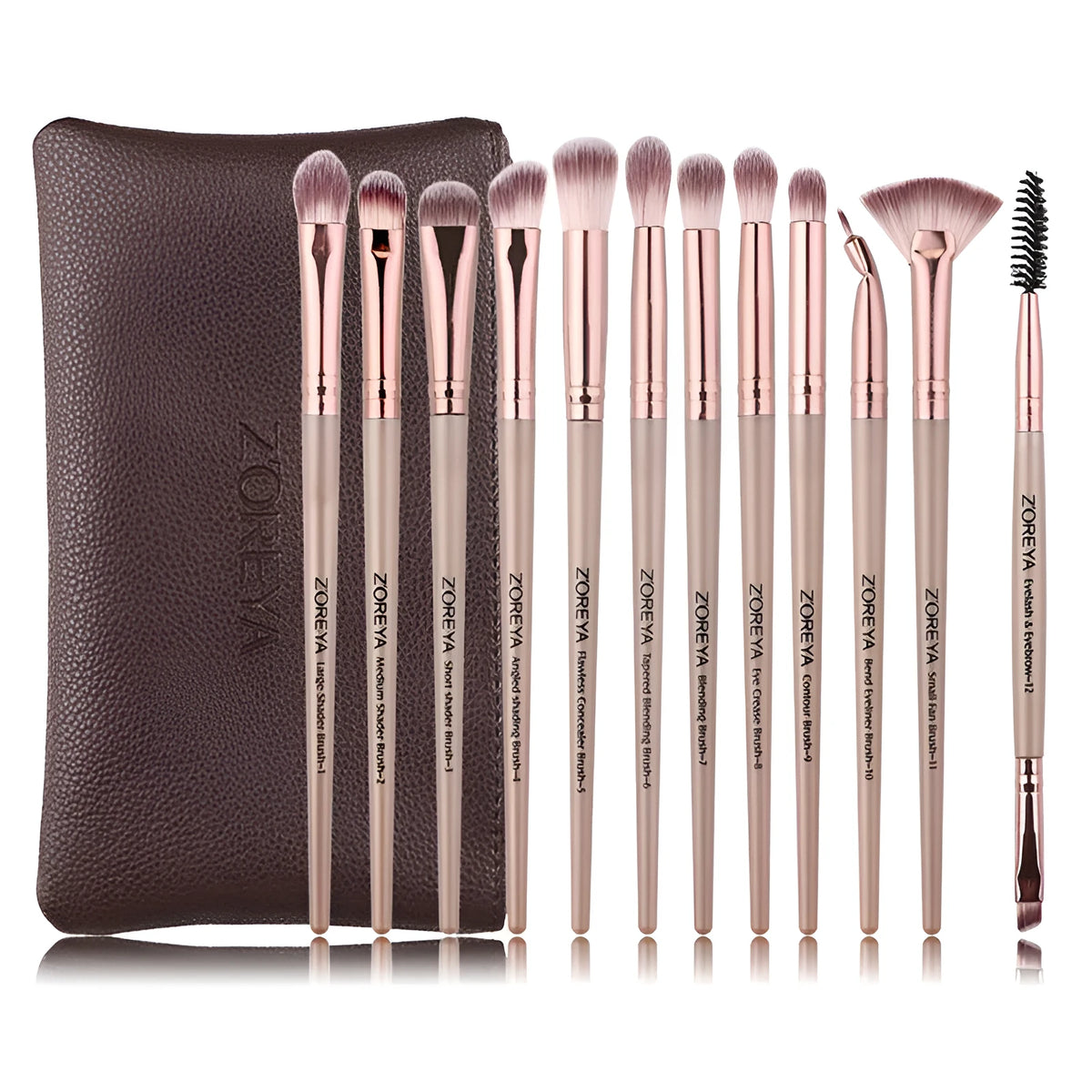 ZOREYA soft hair makeup brush with 1.5cm man-made fibre hair, 17cm long rod PU handle, in Black or Champagne.