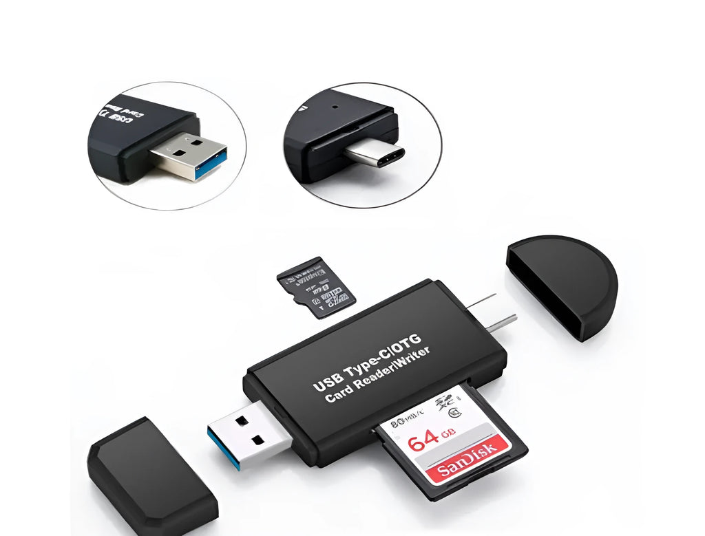 Black USB 3.0 card reader with Type-C connector for SD and TF memory cards