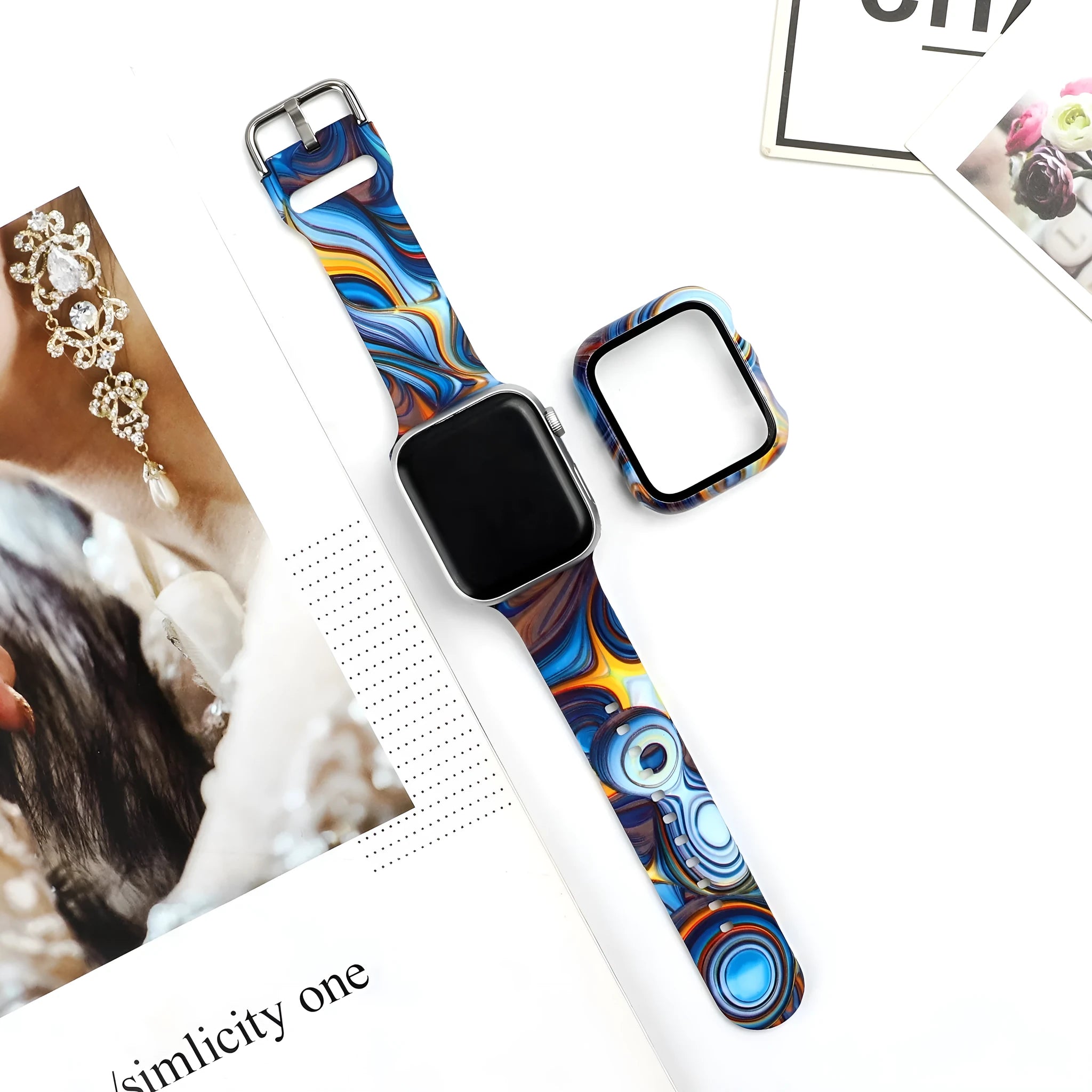 Printed silicone replacement watch strap for Apple iWatch showing multiple design options and size fit.