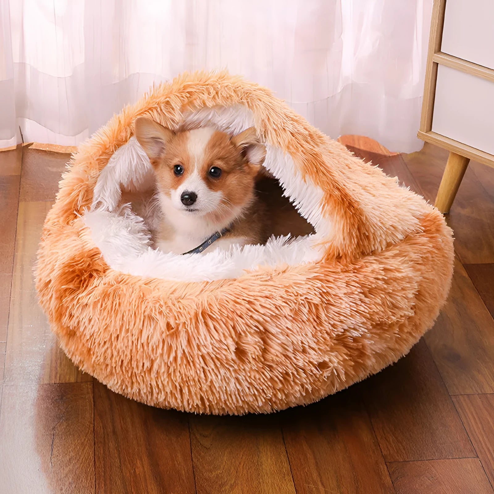 Waterproof cloth dog kennel with semi-surrounded walls and a removable cushion in a champagne colour.