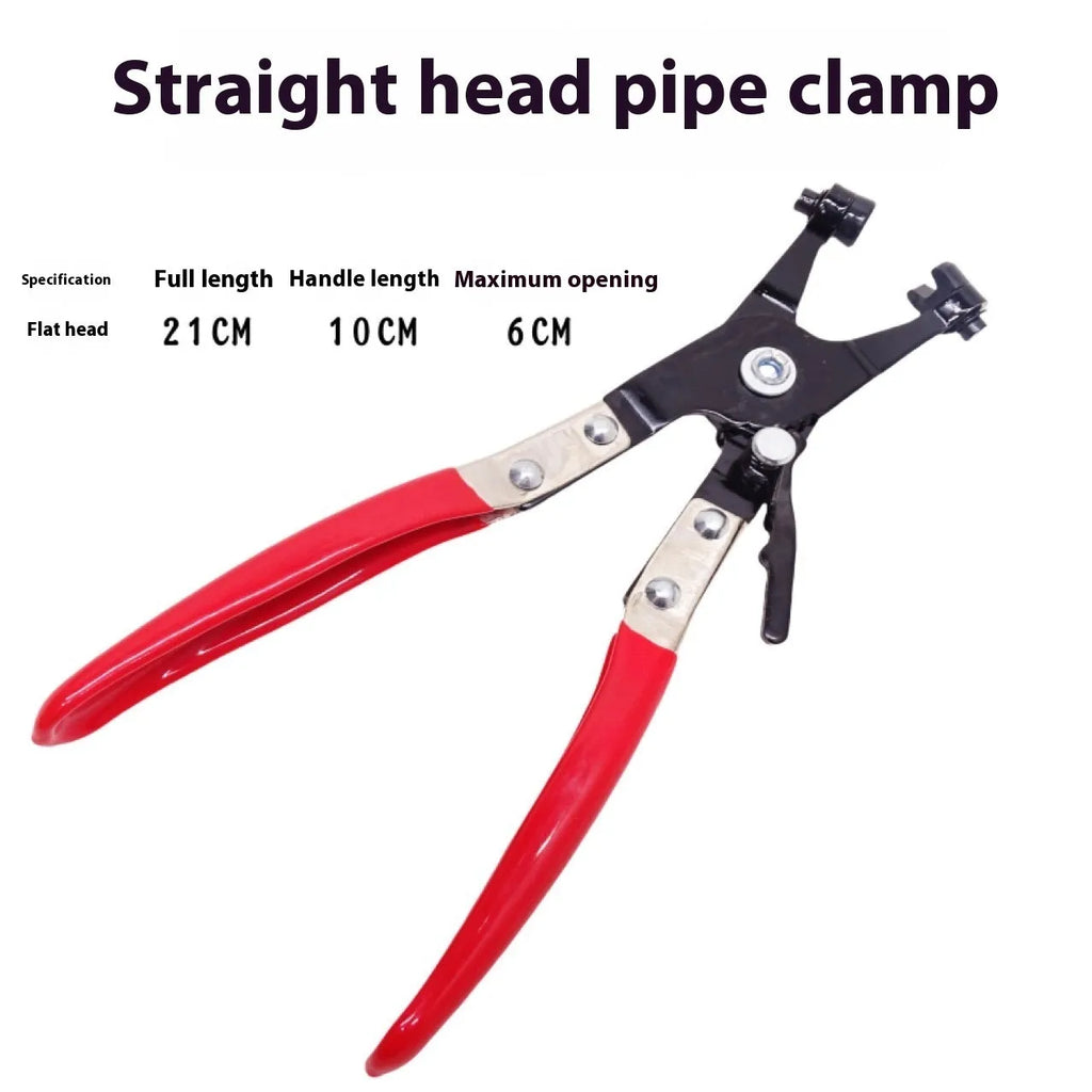 Nine-piece pipe clamp pliers set with red handles and split straight throat jaws on white background