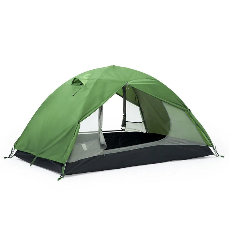 Portable lightweight hiking tent for 1-2 people with aluminium poles, field green colour, pitched outdoors