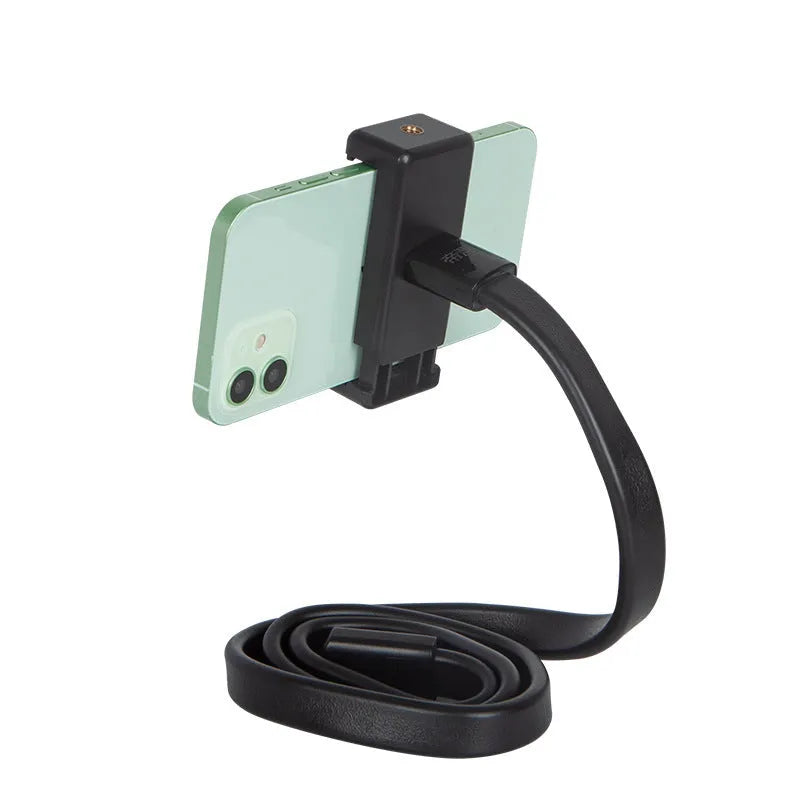 Flexible adjustable silicone and aluminium hose phone holder bent into an S-shape.