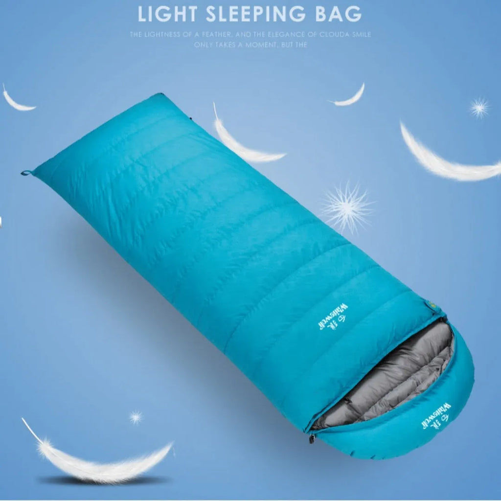 Black outdoor sleeping bag with goose down insulation and tear-resistant nylon fabric for camping.