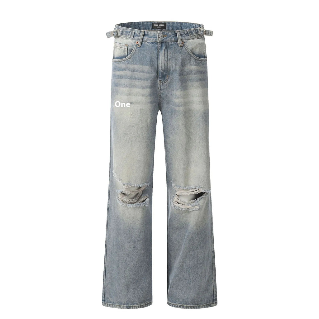 Men's blue straight-leg jeans with distressed ripped details and a zipper fly.