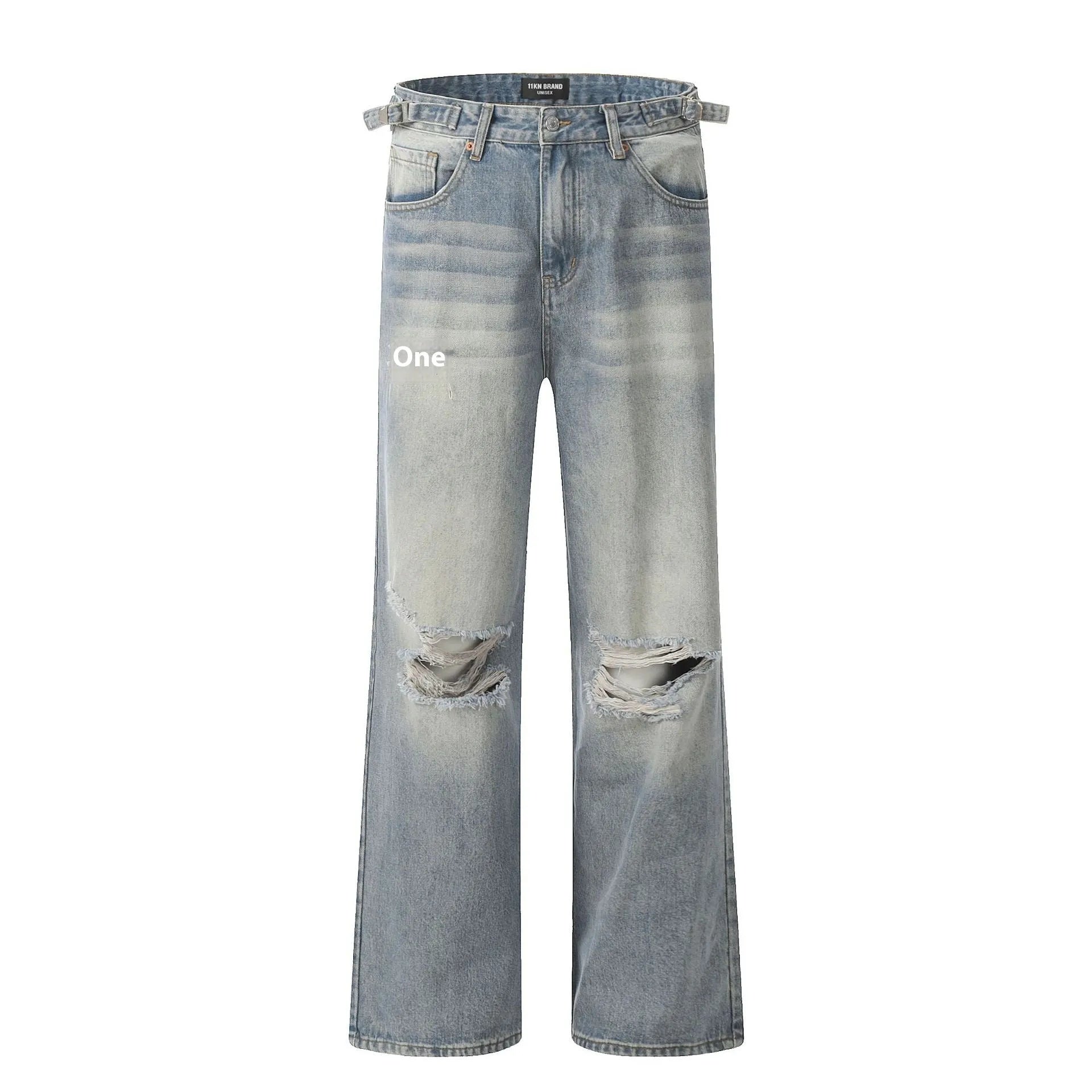 Men's blue straight-leg jeans with distressed ripped details and a zipper fly.