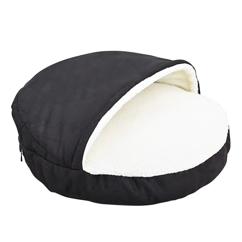 Brown cloth dog kennel with removable, washable fabric shown next to a grey version in a smaller size.