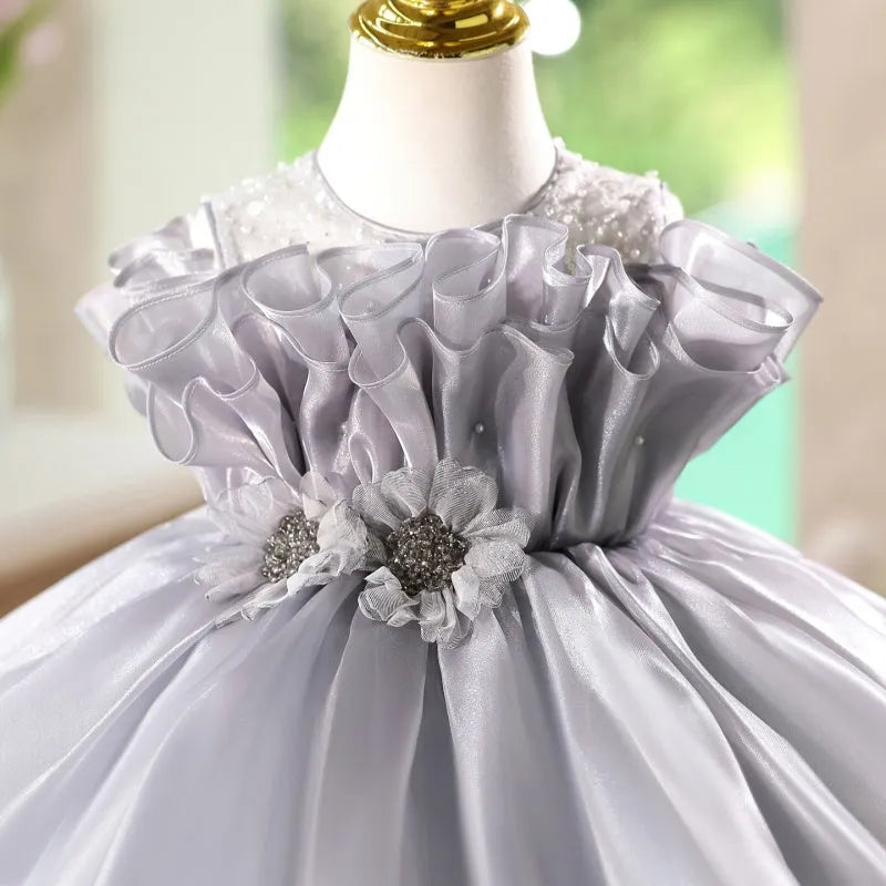 Girls' smoky grey sleeveless polyester princess dress with round neck, short length, slim fit, sizes 90cm to 160cm