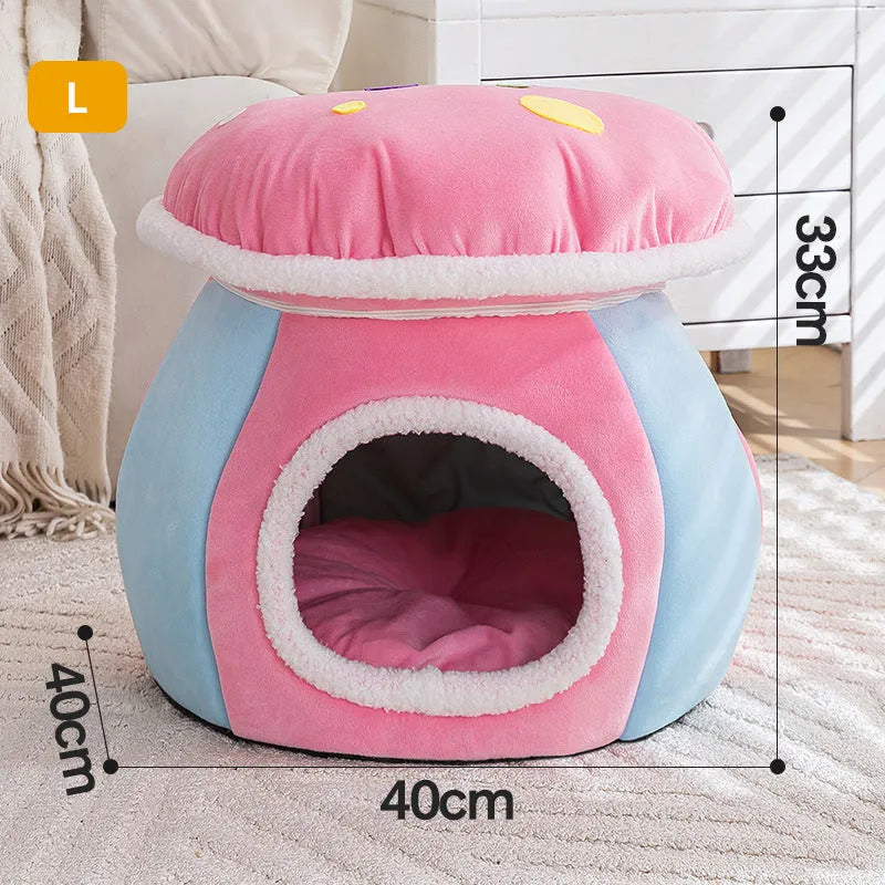 Mushroom-shaped cat bed with detachable plush blanket in grey, pink or purple colour