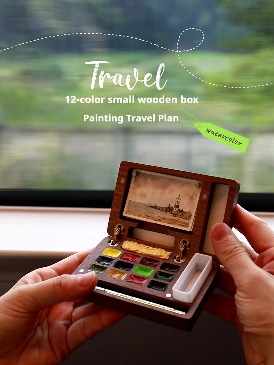 Mini wooden watercolour paint box with choice of pigment suit styles including Holbein and Schminke.