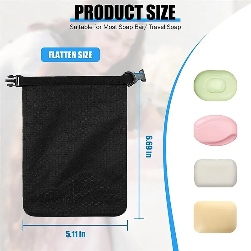 White mesh soap bag with drawstring, measuring 17cm by 13cm, for waterproof bar soap storage.