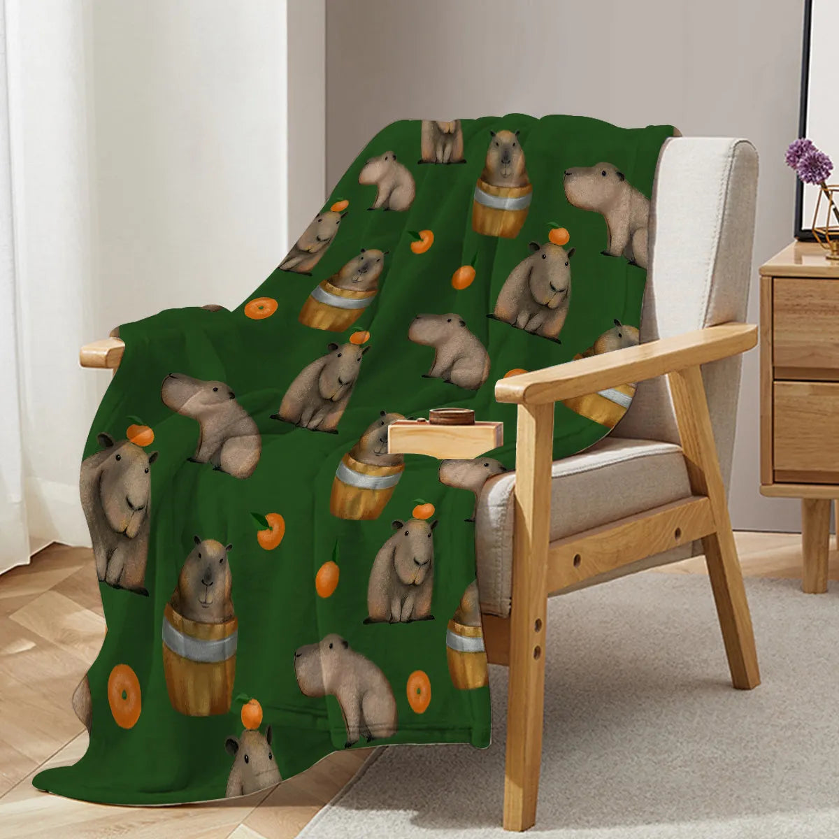 Orange and capybara pattern flannel fleece blanket in multicolour, soft fluffy throw for sofa, bed, camping and office naps