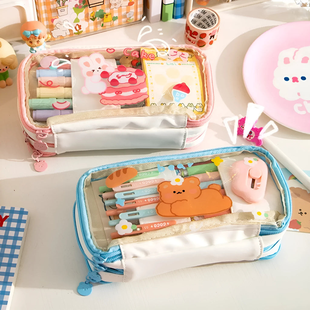 Transparent heart-shaped TPU pen case with Korean-style multicolour decoration in pink cake rabbit design.