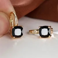 Square geometric ear hooks with round zircon inlays in gold, platinum, or rose gold finish