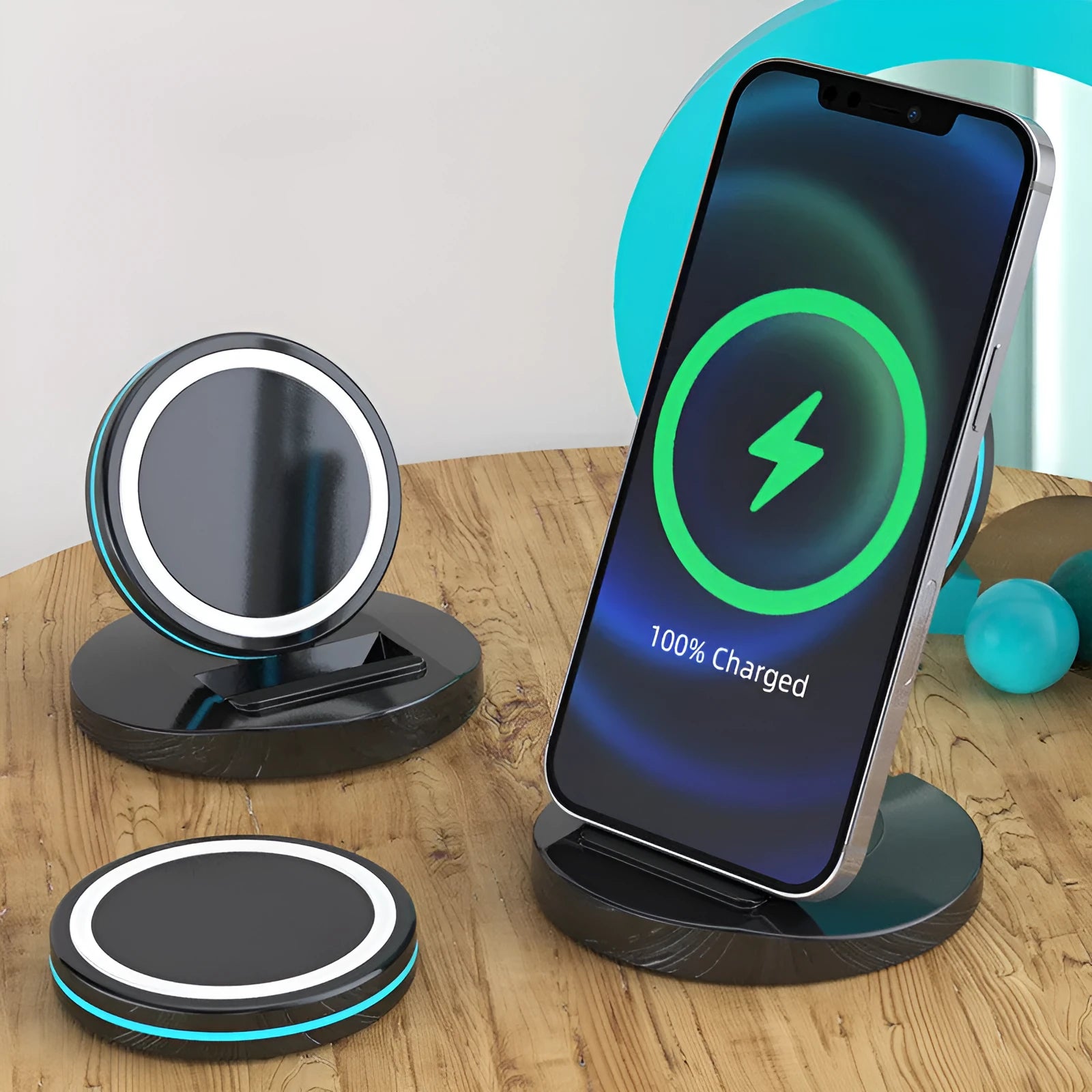 Magnetic wireless charging stand folded and unfolded showing iPhone 12 compatibility and USB connection