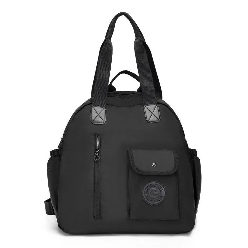 Lightweight large capacity nylon backpack for women in black, khaki, or green letters, showing sandwich pocket.
