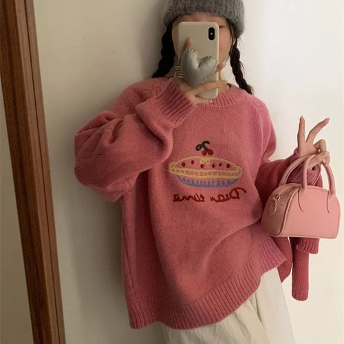 Women's loose fit round neck embroidered cartoon sweater in beige with long sleeves and acrylic spandex fabric