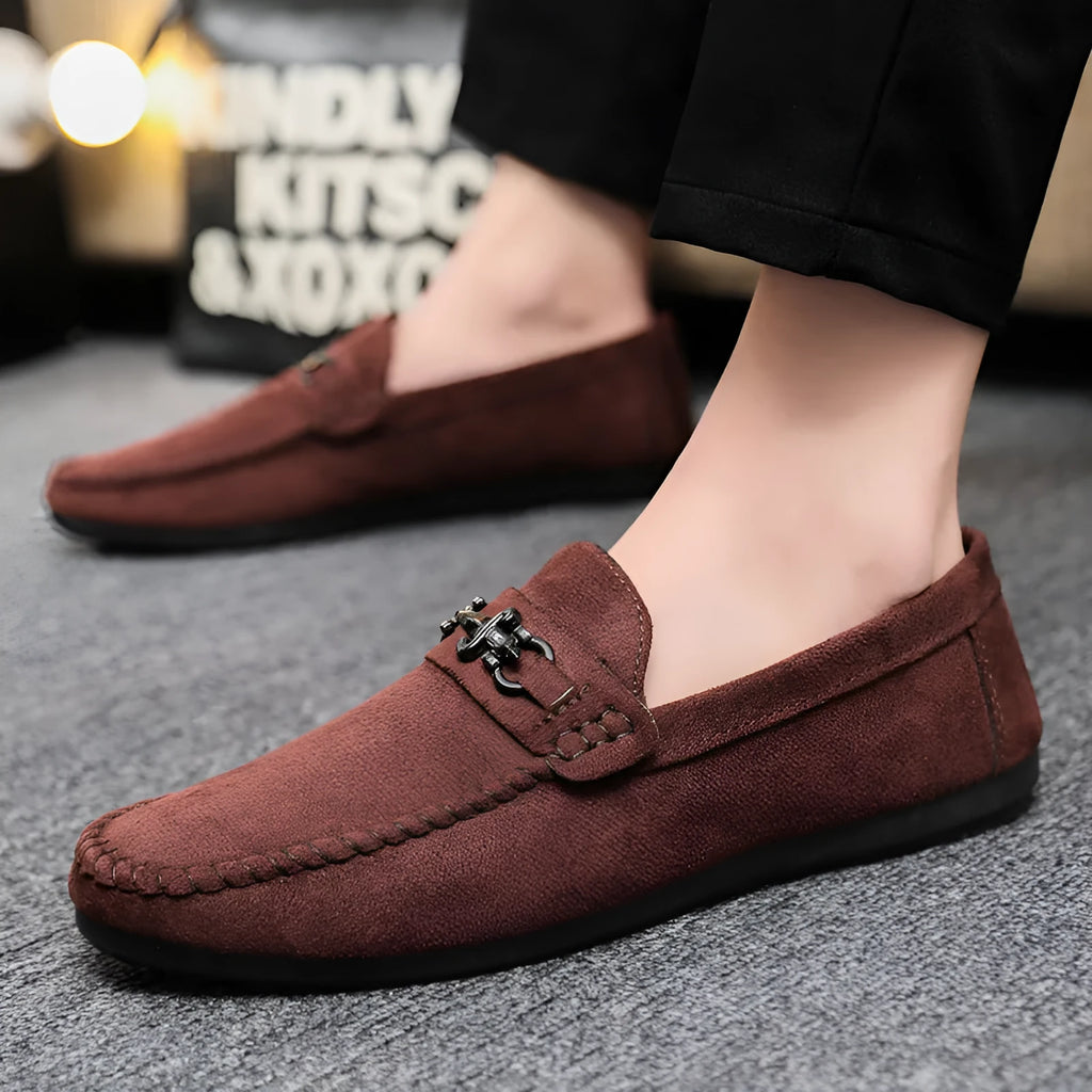 Men's black waterproof slip-on loafers with artificial PU leather upper and rubber sole.