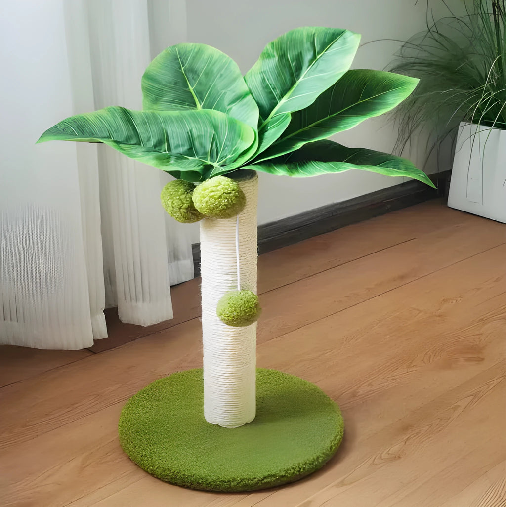 Emerald green cat tree with sisal rope column and long pile cloth leaf perch on particle board base