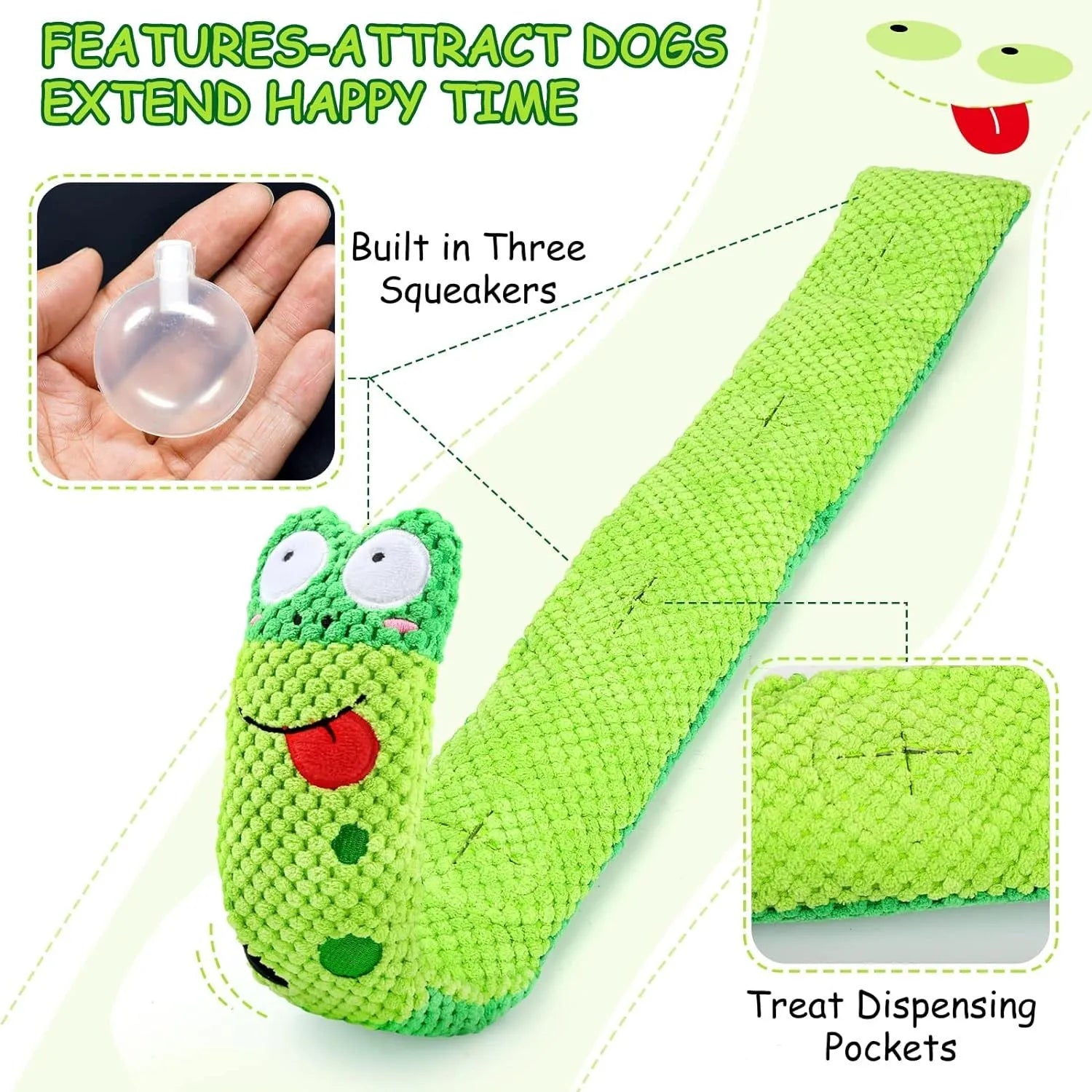 Transformable snail and stick shaped dog puzzle toy with squeaker and hidden food holes.