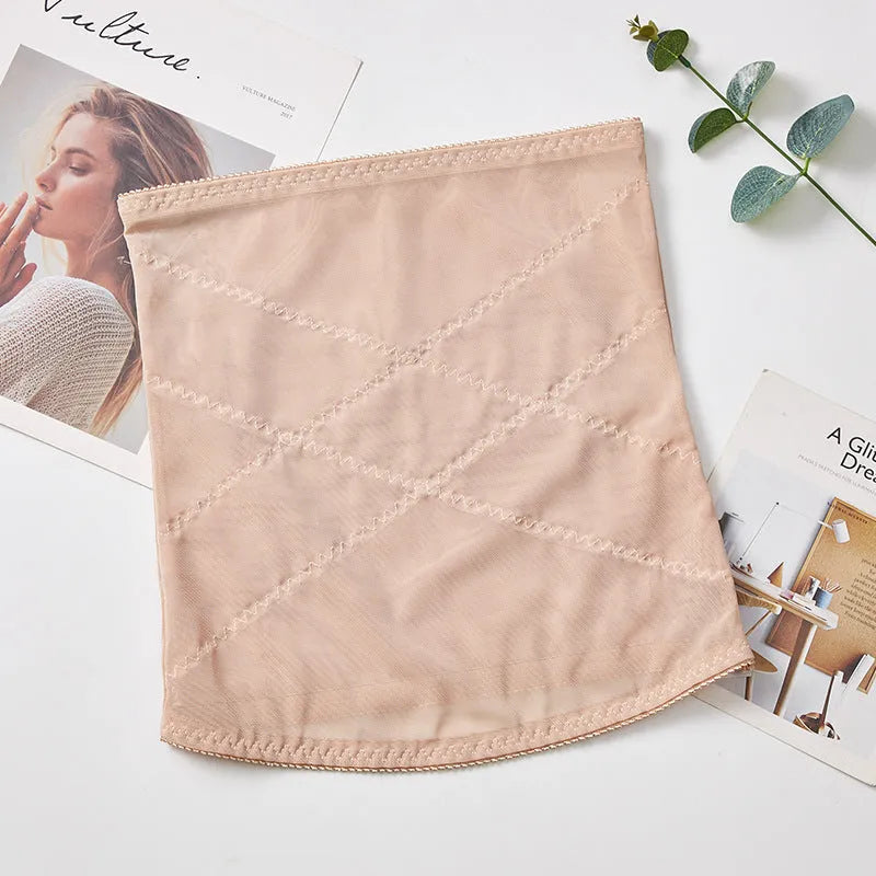 Thin mesh belly band body sculpting strap for postpartum waist trimming in black or skin colour