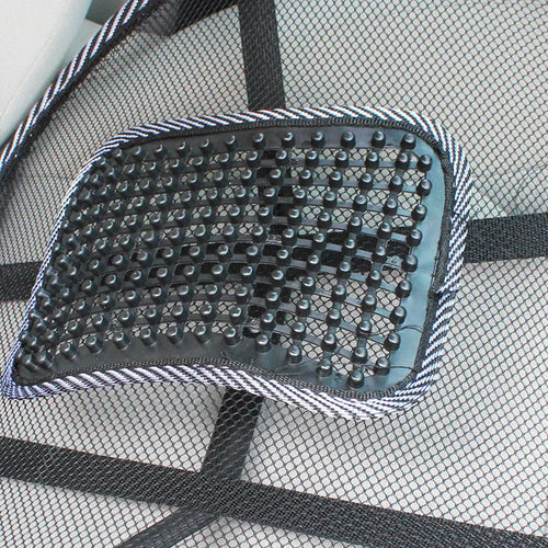 Black car lumbar support pillow with steel wire frame measuring 41x39cm