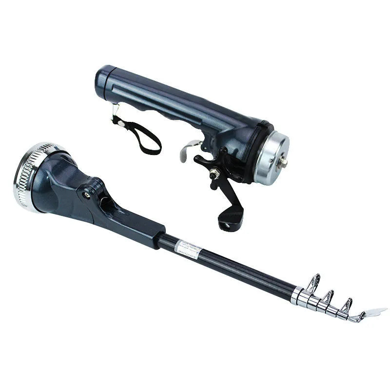 Foldable fishing rod in black with built-in reel and 3# line, shown folded to 26.5cm and extended to about 134cm.